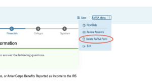 Screenshot of where you can find the option to delete your FAFSA in the application
